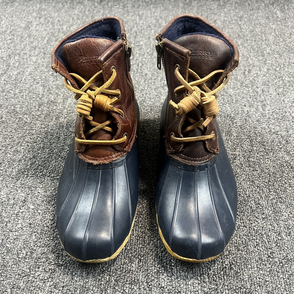 Sperry Saltwater‎ Duck Boot 6 Navy Brown Leather Waterproof Rain Winter STS91175